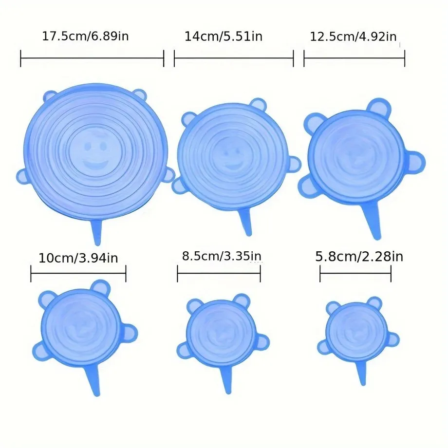 Silikonová víčka na míru - 6 kusů, opakovaně použitelná, pro uchovávání potravin v miskách
