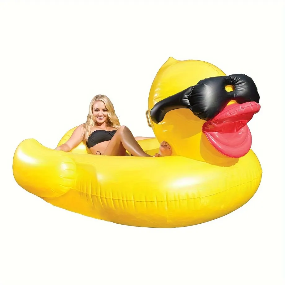 1ks Plovoucí Plovoucí Člun Big Yellow Duck, PVC Nafukovací Hračka Do Vody Se Dvěma Držáky Nápojů