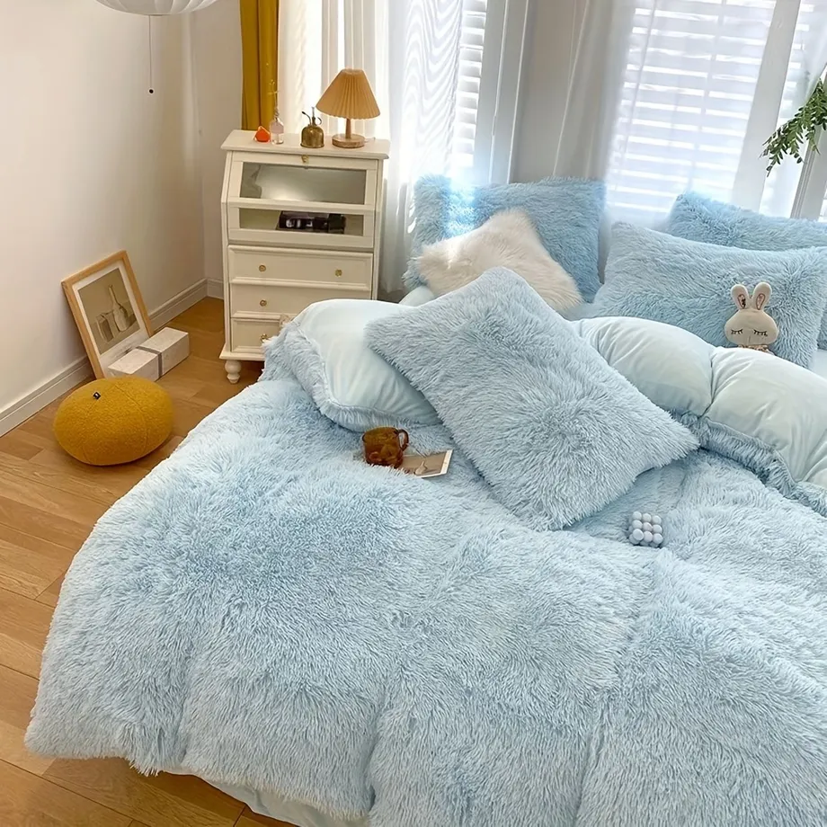 4ks Faux Fur Plush Duvet Cover Set (1*Plochý List + 1*Přikrývka + 2*Povlak Na Polštář, Bez Jádra)