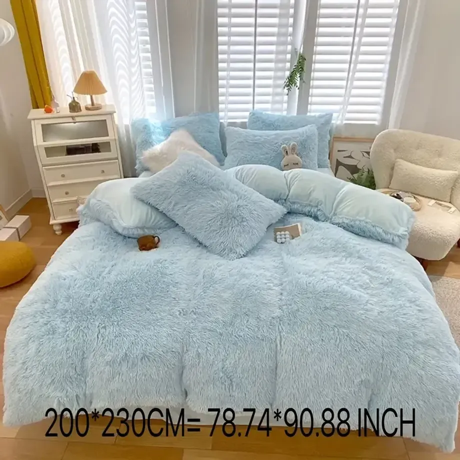 4ks Faux Fur Plush Duvet Cover Set (1*Plochý List + 1*Přikrývka + 2*Povlak Na Polštář, Bez Jádra)