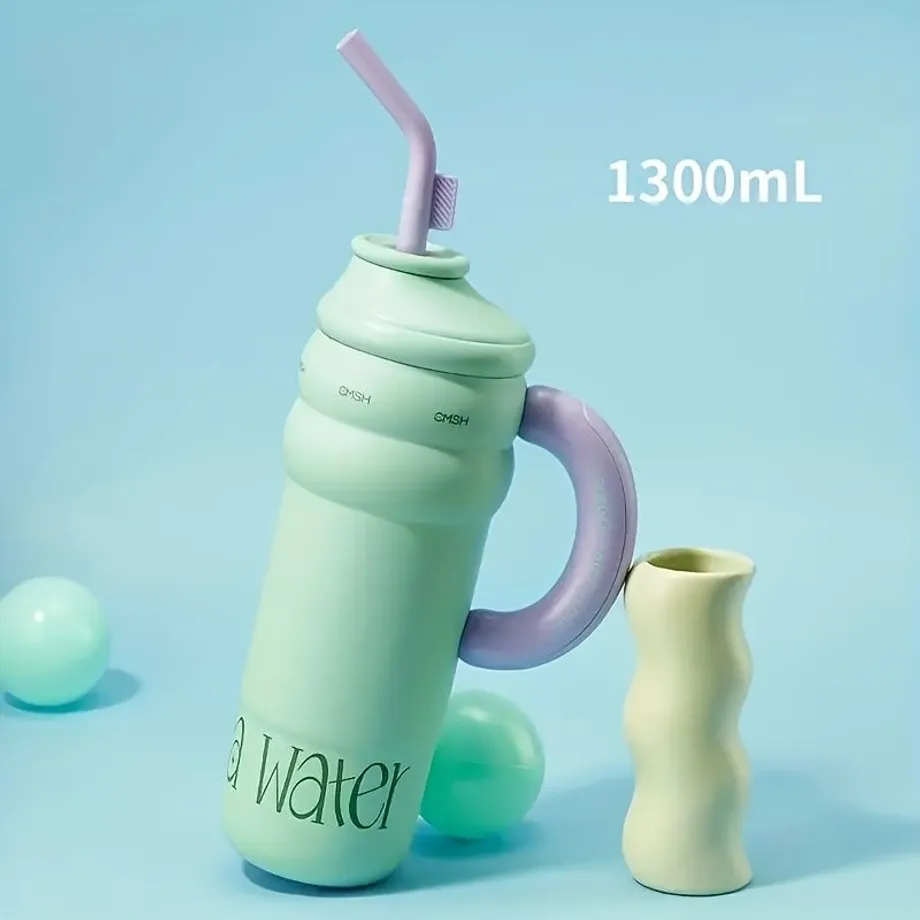 1ks 1300ml/43,95oz Nerezová Láhev Na Vodu Se Slámou, Dvoustěnná Nepropustná Sklenice S Rukojetí, Vhodná Pro Outdoorové Aktivity, Fitness, Cestování