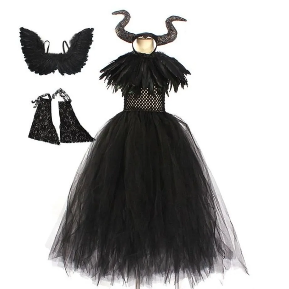 Dívčí Maleficent černý Halloween kostým s péřovou šálou a tutu sukní