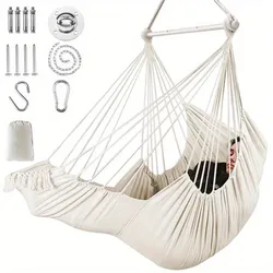 Hammock Chair Hanging Swing Foot Rest Cushions Suspension Included, Collapsible Metal Spreader Bar Pro Trvanlivost Snadné Uložení Měkké Bavlněné Tkaniny Visící Židle Boční Kapsa