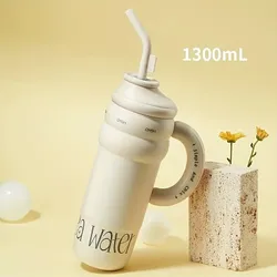 1ks 1300ml/43,95oz Nerezová Láhev Na Vodu Se Slámou, Dvoustěnná Nepropustná Sklenice S Rukojetí, Vhodná Pro Outdoorové Aktivity, Fitness, Cestování