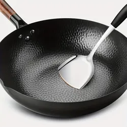 Litinový Wok 32 cm, Pánev Wok na smažení, Univerzální nádobí s plochým dnem na indukci, elektřinu, plyn, halogen, vhodné pro všechny typy sporáků